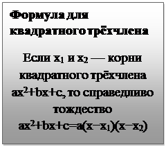 Text Box: Формула для квадратного трёхчлена
Если x1 и x2 — корни квадратного трёхчлена ax2+bx+c, то справедливо тождество ax2+bx+c=a(x−x1)(x−x2)

