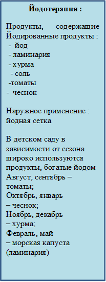            Йодотерапия :
Продукты, содержащие                     Йодированные продукты :
 -  йод    
 - ламинария   
 - хурма                                                      
  - соль 
 -томаты     
-  чеснок                                     
                                  Наружное применение : йодная сетка     

В детском саду в зависимости от сезона широко используются продукты, богатые йодом Август, сентябрь – томаты;
Октябрь, январь 
– чеснок;
Ноябрь, декабрь 
– хурма;
Февраль, май 
– морская капуста (ламинария)        
 

