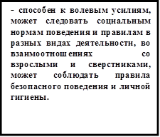 - способен к волевым усилиям, может следовать социальным нормам поведения и правилам в разных видах деятельности, во взаимоотношениях	со взрослыми и сверстниками, может соблюдать правила безопасного поведения и личной гигиены.
