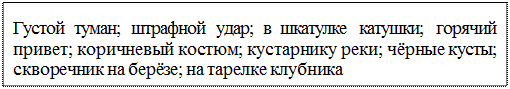 Надпись: Густой туман; штрафной удар; в шкатулке катушки; горячий привет; коричневый костюм; кустарнику реки; чёрные кусты; скворечник на берёзе; на тарелке клубника