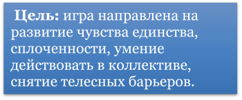  Цель: игра направлена на развитие чувства единства, сплоченности, умение действовать в коллективе, снятие телесных барьеров.