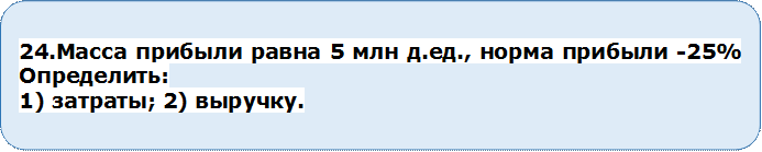 24.Масса прибыли равна 5 млн д.ед., норма прибыли -25%
Определить:
1) затраты; 2) выручку.


