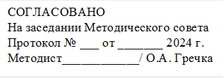 СОГЛАСОВАНО
На заседании Методического совета
Протокол № ___ от _______ 2024 г. 
Методист____________/ О.А. Гречка
