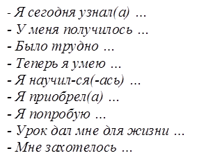 - Я сегодня узнал(а) …
- У меня получилось …
- Было трудно …
- Теперь я умею …
- Я научил-ся(-ась) …
- Я приобрел(а) …
- Я попробую …
- Урок дал мне для жизни …
- Мне захотелось …
