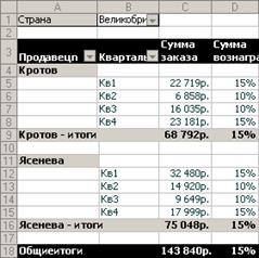 Отчет сводной таблицы «Сумма вознаграждения»