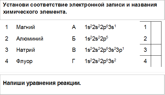 Установи соответствие электронной записи и названия химического элемента.,Напиши уравнения реакции.,1	Магний	А	1s22s22p63s1	1	
2	Алюминий	Б	1s22s22p5	2	
3	Натрий	В	1s22s22p63s23p1	3	
4	Флуор	Г	1s22s22p63s2	4	

