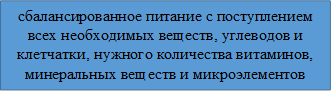 сбалансированное питание с поступлением всех необходимых веществ, углеводов и клетчатки, нужного количества витаминов, минеральных веществ и микроэлементов