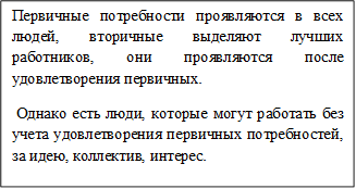 Первичные потребности проявляются в всех людей, вторичные выделяют лучших работников, они проявляются после удовлетворения первичных.
 Однако есть люди, которые могут работать без учета удовлетворения первичных потребностей, за идею, коллектив, интерес.
