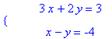 PIECEWISE([``, 3*x+2*y = 3],[``, x-y = -4])