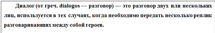 Надпись: Диалог (от греч. dialogos — разговор) — это разговор двух или нескольких лиц, используется в тех случаях, когда необходимо передать несколько реплик разговаривающих между собой героев.