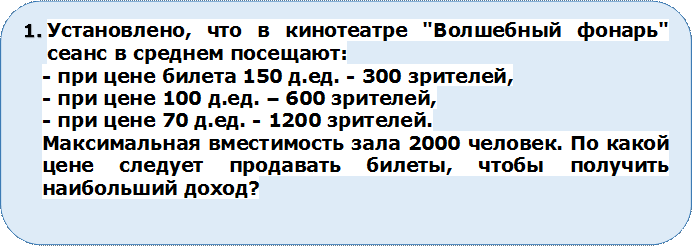 3.	Установлено, что в кинотеатре "Волшебный фонарь" сеанс в среднем посещают: 
- при цене билета 150 д.ед. - 300 зрителей, 
- при цене 100 д.ед. – 600 зрителей, 
- при цене 70 д.ед. - 1200 зрителей. 
Максимальная вместимость зала 2000 человек. По какой цене следует продавать билеты, чтобы получить наибольший доход?

