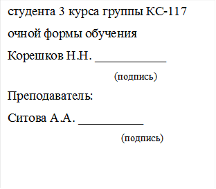 студента 3 курса группы КС-117 
очной формы обучения
Корешков Н.Н. ___________
                      (подпись)
Преподаватель:
Ситова А.А. __________
                                             (подпись)
