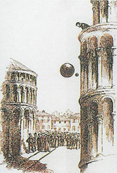 Галилей бросает два шара разных размеров с «падающей» Пизанской башни