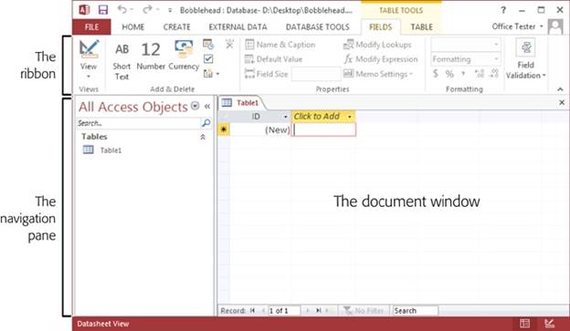 The navigation pane on the left lets you see different items (or objects) in your database. You can use the navigation pane to jump from a list of products to a list of customers and back again. The ribbon along the top groups together every Access command. This ribbon is the mission control that lets you perform various tasks with your database. The document window in the middle takes up the rest of the window. This window is where you’ll do your work, such as designing tables and entering data.