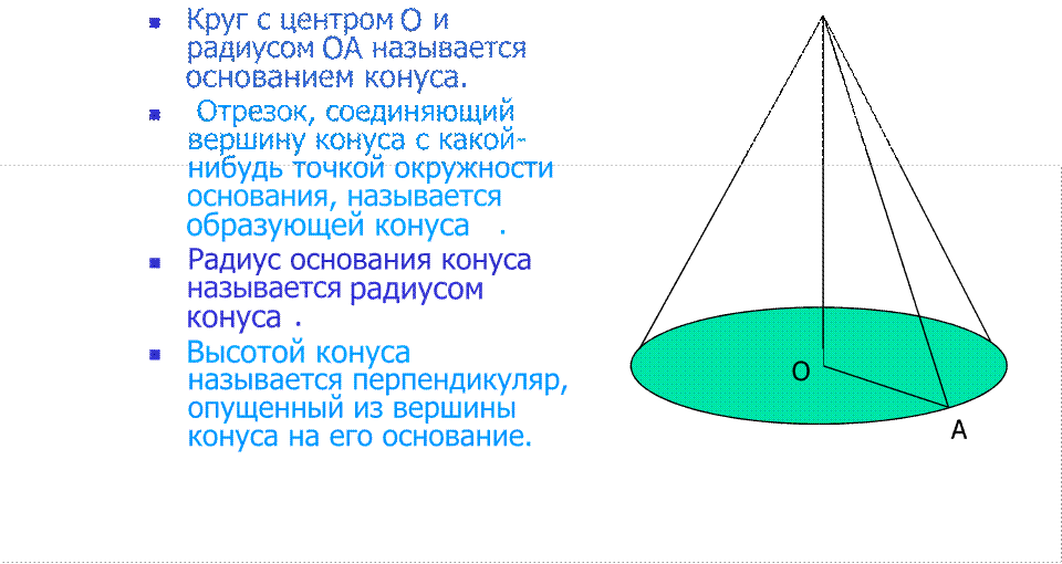 Центр основания конуса. Основание конуса. Элементы конуса. Отрезки соединяющие вершину конуса с точками окружности основания. Назовите элементы конуса.