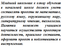 Младший школьник к концу обучения в начальной школе должен уметь составлять проекты по математике, русскому языку, окружающему миру, литературному чтению, технологии. Памятка поможет учащимся научиться осуществлять проектную деятельность, правильно составить, оформить проект и подготовиться к выступлению.

