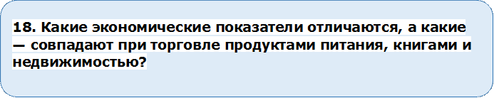 18. Какие экономические показатели отличаются, а какие — совпадают при торговле продуктами питания, книгами и недвижимостью?