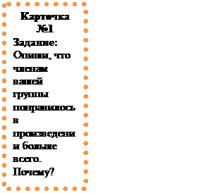 Надпись: Карточка №1
Задание: Опиши, что членам вашей группы понравилось в произведении больше всего. Почему?
____________________________________________
____________________________________________
____________________________________________
____________________________________________
____________________________________________
____________________________________________
________________________________________________________________________________________________________________________________________________________________________________
