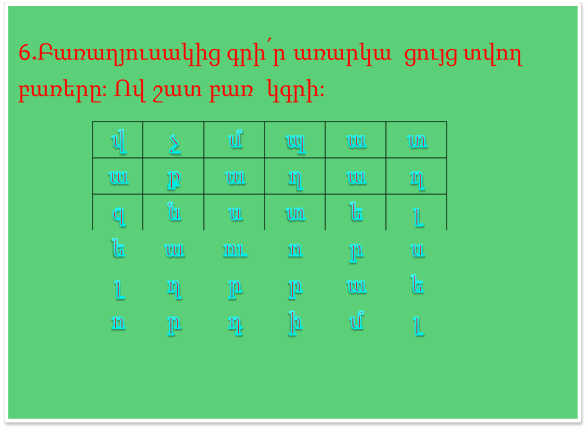 6.Բառաղյուսակից գրի՛ր առարկա  ցույց տվող բառերը: Ով շատ բառ  կգրի:
վ	չ	մ	պ	ա	տ
ա	ք	ա	ղ	ա	ղ
զ	ն	ս	տ	ե	լ
ե	ա	ու	ո	ր	ս
լ	ղ	ր	ր	ա	ե
ո	ր	դ	ի	մ	լ

