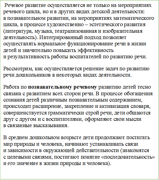  Речевое развитие осуществляется не только на мероприятиях речевого цикла, но и в других видах детской деятельности: в познавательном развитии, на мероприятиях математического цикла, в процессе художественно – эстетического развития (литература, музыка, театрализованная и изобразительная деятельность). Интегрированный подход позволяет осуществлять нормальное функционирование речи в жизни детей и значительно повысить эффективность и результативность работы воспитателей по развитию речи.
Рассмотрим, как осуществляется решение задач по развитию речи дошкольников в некоторых видах деятельности.
Работа по познавательному речевому развитию детей тесно связана с развитием всех сторон речи. В процессе обогащения сознания детей различным познавательным содержанием, происходит расширение, закрепление и активизация словаря, совершенствуется грамматически строй речи, дети общаются друг с другом и с воспитателями, оформляют свои мысли в связанные высказывания.
В среднем дошкольном возрасте дети продолжают постигать мир природы и человека, начинают устанавливать связи и зависимости в окружающей действительности (знакомятся с целевыми связями, постигают понятие «последовательность» и его значение в жизни природы и человека).




