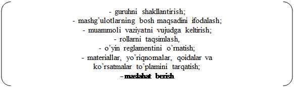 Двойные круглые скобки: -	guruhni shakllantirish;
-	mashg’ulotlarning bosh maqsadini ifodalash;
-	muammoli vaziyatni vujudga keltirish;
-	rollarni taqsimlash,
-	o’yin reglamentini o’rnatish;
-	materiallar, yo’riqnomalar, qoidalar va 
ko’rsatmalar to’plamini tarqatish;
- maslahat berish
