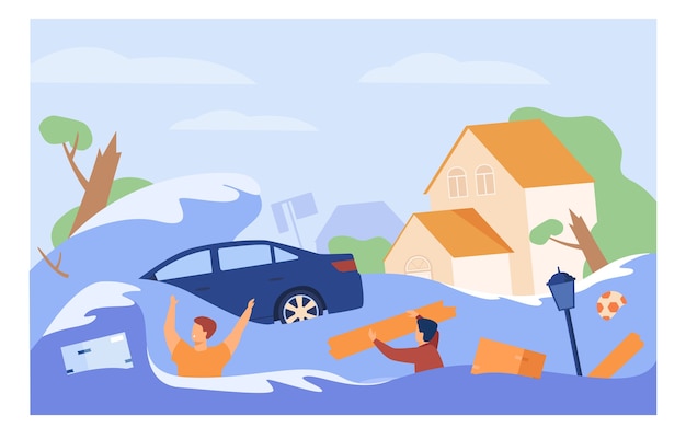Бесплатное векторное изображение Страшные люди тонут в воде, изолированные плоские векторные иллюстрации. мультяшные затопленные дома, затонувшая машина во время наводнения или цунами.