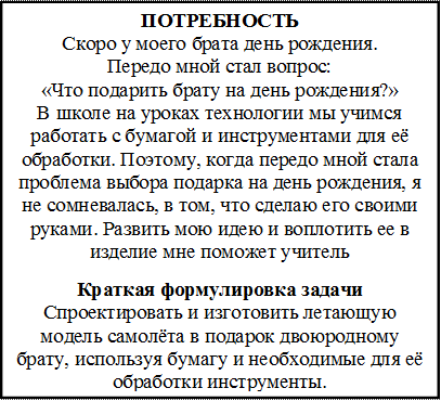 ПОТРЕБНОСТЬ                                         Скоро у моего брата день рождения.              Передо мной стал вопрос:                                                «Что подарить брату на день рождения?»                                                            В школе на уроках технологии мы учимся работать с бумагой и инструментами для её обработки. Поэтому, когда передо мной стала проблема выбора подарка на день рождения, я не сомневалась, в том, что сделаю его своими руками. Развить мою идею и воплотить ее в изделие мне поможет учитель
Краткая формулировка задачи    Спроектировать и изготовить летающую модель самолёта в подарок двоюродному брату, используя бумагу и необходимые для её обработки инструменты. 

