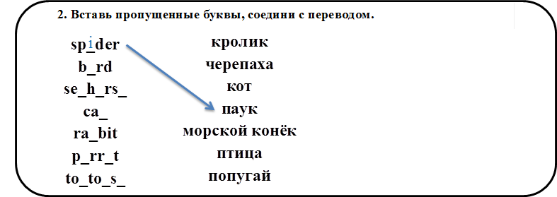 2. Вставь пропущенные буквы, соедини с переводом.,sp_der
b_rd
se_h_rs_
ca_
ra_bit
p_rr_t
to_to_s_

,кролик
черепаха
кот
паук
морской конёк
птица
попугай

,i