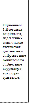 Оценочный 
1.Итоговвая социальная, педагогиче-ская и психо-логическая диагностика
2. Проведение мониторинга.
3. Внесение корректиро-вок по ре-зультатам.
