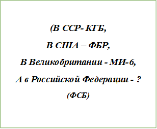 (В ССР- КГБ,
В США – ФБР,
В Великобритании - МИ-6, 
А в Российской Федерации - ?
(ФСБ)
