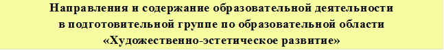 Направления и содержание образовательной деятельности в подготовительной группе по образовательной области
«Художественно-эстетическое развитие»
