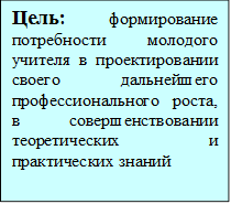 Цель: формирование потребности молодого учителя в проектировании своего дальнейшего профессионального роста, в совершенствовании теоретических и практических знаний