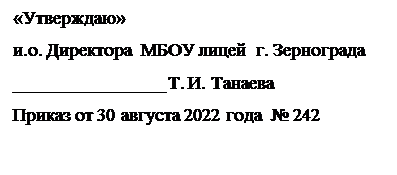 Надпись: «Утверждаю»
и.о. Директора  МБОУ лицей  г. Зернограда
________________ Т. И. Танаева
Приказ от 30 августа 2022 года  № 242
