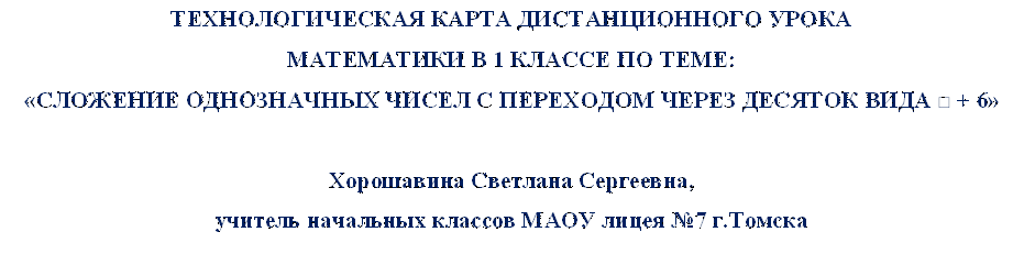 ТЕХНОЛОГИЧЕСКАЯ КАРТА ДИСТАНЦИОННОГО УРОКА  
МАТЕМАТИКИ В 1 КЛАССЕ ПО ТЕМЕ:
 «СЛОЖЕНИЕ ОДНОЗНАЧНЫХ ЧИСЕЛ С ПЕРЕХОДОМ ЧЕРЕЗ ДЕСЯТОК ВИДА □ + 6»	

Хорошавина Светлана Сергеевна,
учитель начальных классов МАОУ лицея №7 г.Томска
