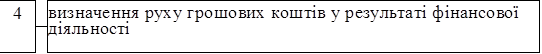 4		визначення руху грошових коштів у результаті фінансової діяльності
		

