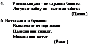 Надпись: 4.	У меня ходули - не страшит болото: Лягушат найду ли - вот моя забота.
(Цапля.)
6. Вот иголки и булавки
Выползают из-под лавки.
На меня они глядят,
Молока они хотят.
(Ёжик.)
