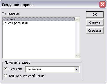 Диалоговое окно Создание адреса 