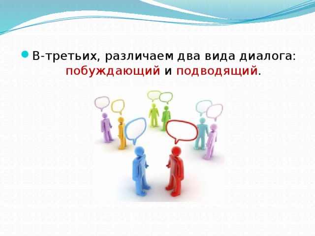 В-третьих, различаем два вида диалога: побуждающий и подводящий . 