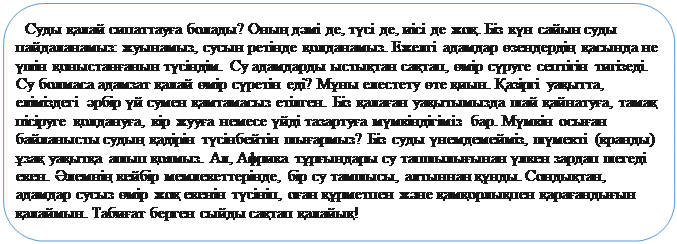 Скругленный прямоугольник: Суды қалай сипаттауға болады? Оның дәмі де, түсі де, иісі де жоқ. Біз күн сайын суды пайдаланамыз: жуынамыз, сусын ретінде қолданамыз. Ежелгі адамдар өзендердің қасында не үшін қоныстанғанын түсіндім. Су адамдарды ыстықтан сақтап, өмір сүруге септігін тигізеді. Су болмаса адамзат қалай өмір сүретін еді? Мұны елестету өте қиын. Қазіргі уақытта, еліміздегі әрбір үй сумен қамтамасыз етілген. Біз қалаған уақытымызда шай қайнатуға, тамақ пісіруге қолдануға, кір жууға немесе үйді тазартуға мүмкіндігіміз бар. Мүмкін осыған байланысты судың қадірін түсінбейтін шығармыз? Біз суды үнемдемейміз, шүмекті (кранды) ұзақ уақытқа ашып қоямыз. Ал, Африка тұрғындары су тапшылығынан үлкен зардап шегеді екен. Әлемнің кейбір мемлекеттерінде, бір су тамшысы, алтыннан құнды. Сондықтан, адамдар сусыз өмір жоқ екенін түсініп, оған құрметпен және қамқорлықпен қарағандығын қалаймын. Табиғат берген сыйды сақтап қалайық!

Толығырақ: https://faktiler.kz/su-tirshilik-kozi-esse/
