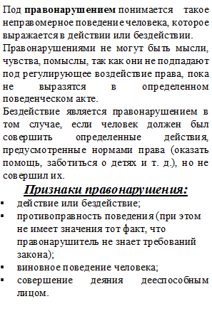 Под правонарушением понимается такое неправомерное поведение человека, которое выражается в действии или бездействии.
Правонарушениями не могут быть мысли, чувства, помыслы, так как они не подпадают под регулирующее воздействие права, пока не выразятся в определенном поведенческом акте.
Бездействие является правонарушением в том случае, если человек должен был совершить определенные действия, предусмотренные нормами права (оказать помощь, заботиться о детях и т. д.), но не совершил их.
Признаки правонарушения:
§	действие или бездействие;
§	противоправность поведения (при этом не имеет значения тот факт, что правонарушитель не знает требований закона);
§	виновное поведение человека;
§	совершение деяния дееспособным лицом.


