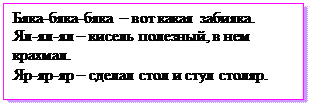 Надпись: Бяка-бяка-бяка – вот какая забияка.
Ял-ял-ял – кисель полезный, в нем крахмал.
Яр-яр-яр – сделал стол и стул столяр.
