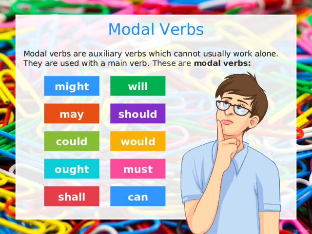 Modal Verbs Modal verbs are auxiliary verbs which cannot usually work alone. They are used with a main verb. These are modal verbs : might will should may would could must ought can shall 