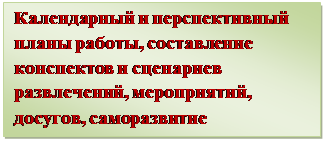 Надпись: Календарный и перспективный планы работы, составление конспектов и сценариев развлечений, мероприятий, досугов, саморазвитие