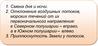 1. Смена дня и ночи.
2. Отклонение воздушных потоков,
морских течений от их первоначального направления:
в Северном полушарии – вправо,
а в Южном полушарии – влево.
3. Приплюснутость Земли у полюсов.
