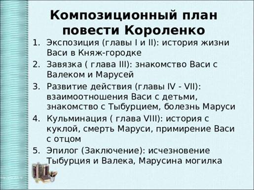 Композиционный план повести Короленко Экспозиция (главы I и II): история жизни Васи в Княж-городке Завязка ( глава III): знакомство Васи с Валеком и Марусей Развитие действия (главы IV - VII): взаимоотношения Васи с детьми, знакомство с Тыбурцием, болезнь Маруси Кульминация ( глава VIII): история с куклой, смерть Маруси, примирение Васи с отцом Эпилог (Заключение): исчезновение Тыбурция и Валека, Марусина могилка 