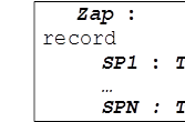 Zap : record
SP1 : T1;
…
SPN : TN
end;
