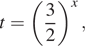 t= левая круглая скобка дробь: числитель: 3, знаменатель: 2 конец дроби правая круглая скобка в степени x ,