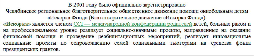 В 2001 году было официально зарегистрировано Челябинское региональное благотворительное общественное движение помощи онкобольным детям «Искорка Фонд» (Благотворительное движение «Искорка Фонд»).
«Искорка» является членом CCI — международной конфедерации родителей детей, больных раком и на профессиональном уровне реализует социально-значимые проекты, направленные на оказание финансовой помощи и проведение реабилитационных мероприятий, реализует инновационные социальные проекты по сопровождению семей социальными тьюторами на средства фонда президентских грантов.

