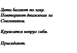 Надпись: Дети бегают по залу.
Повторяют движения за Снеговиком.

Кружатся вокруг себя. 

Приседают.
