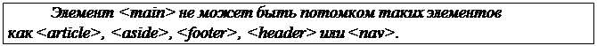 Надпись: Элемент <main> не может быть потомком таких элементов как <article>, <aside>, <footer>, <header> или <nav>.